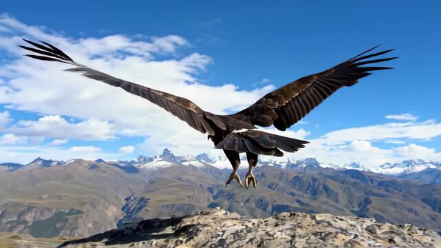 Majestic condor spreads its wings in flight over Andean mountain landscape, blue sky and clouds.