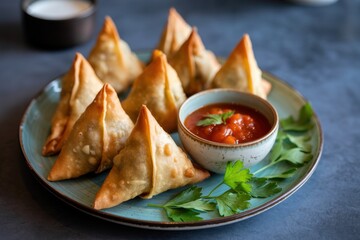 Plate of golden fried samosas with red chutney and fresh parsley