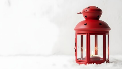 Red Lantern with Candle in Snowy Scene