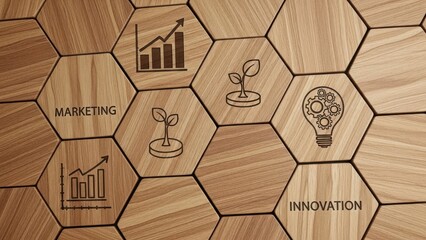 Business strategy: wooden hexagonal tiles illustrating marketing, innovation, and growth concepts