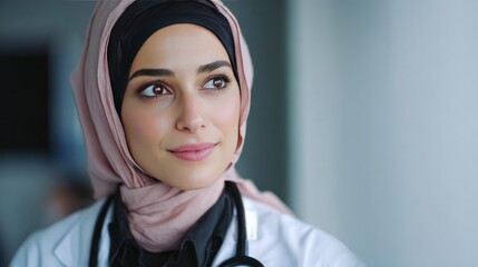 Inspiring Vision of Healthcare: A female medical professional gazes with determination, a stethoscope draped around her neck, reflecting dedication to her patients.