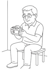 Coloring book Dad checking photos on camera while sitting on chair