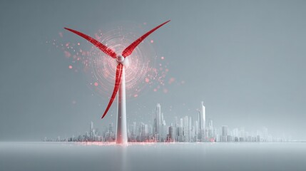 Sustainable City: An eye-level shot captures a vibrant red wind turbine set against the backdrop of a futuristic city skyline, symbolizing clean energy and sustainable urban development.