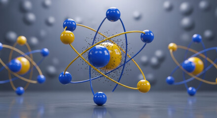Detailed atom model featuring blue and yellow orbitals against a backdrop of gray spheres and a stone floor, illuminated by soft lighting. Scientific and visually engaging.