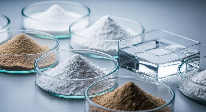 Various powders and clear liquid are in separate clear glass dishes arranged on a gray surface under studio lights. The composition is viewed from above.