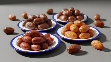 Dates in Ceramic Bowls on Gray Background