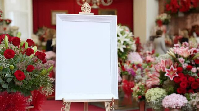Blank White Mockup Frame on Easel Surrounded by Red Roses and Floral Arrangements for Wedding or Event