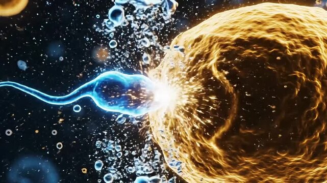 Microscopic view of a blue sperm cell penetrating a large golden egg cell initiating the process of fertilization and new life creation