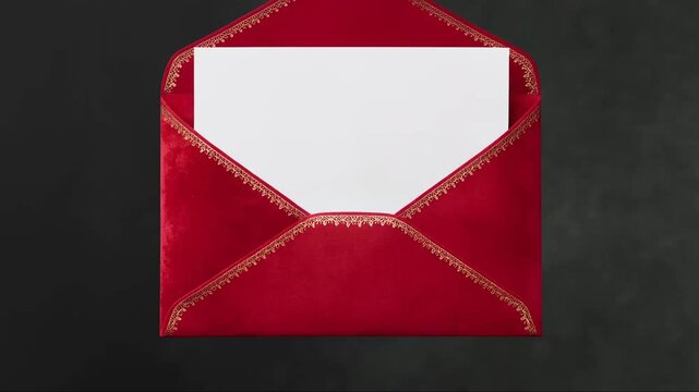 Luxury Red Velvet Envelope Opening to Reveal Blank White Invitation Card with Gold Trim