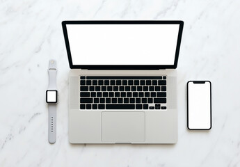 Modern technology gadgets on elegant marble backdrop. Ideal for digital or tech themed designs, website banners, or presentations needing a sophisticated touch.