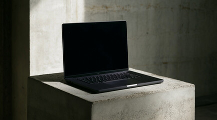 Fototapeta premium Modern black laptop on concrete block with harsh lighting. Suitable for technology, workspace, innovation, and minimalist design concepts.