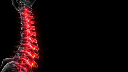 Vertebrae Anatomy on Black Backdrop: A detailed, illuminated, side view of the human spinal column, highlighting its intricate structure and the complexities of the vertebrae.