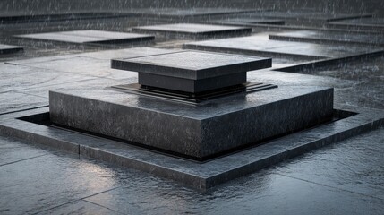 A close-up shot of a modern, geometric architecture. Grey, square platforms are arranged, with water falling on the surfaces