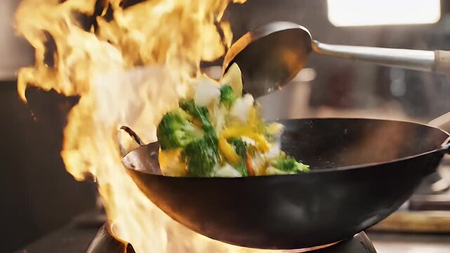 Chef expertly tosses fresh broccoli and yellow peppers high in a searing hot wok over intense flames creating delicious stir fry food