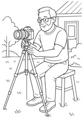 Coloring book Dad using tripod to take a photo