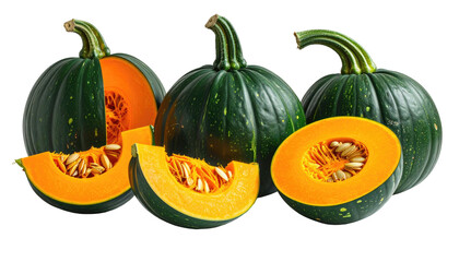 Group of green pumpkins, cut open showing orange flesh and seeds