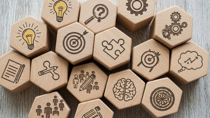 A comprehensive display of business strategy, innovation, and teamwork concepts on wooden blocks