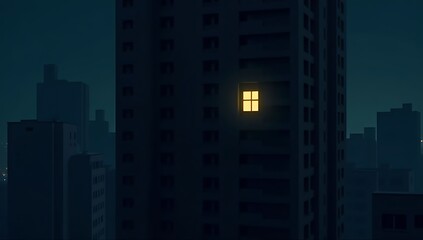 Minimal architectural illustration of a single lit window in a massive dark apartment building, urban loneliness and modern isolation concept, geometric composition, night mood