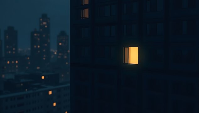 Minimal architectural illustration of a single lit window in a massive dark apartment building, urban loneliness and modern isolation concept, geometric composition, night mood
