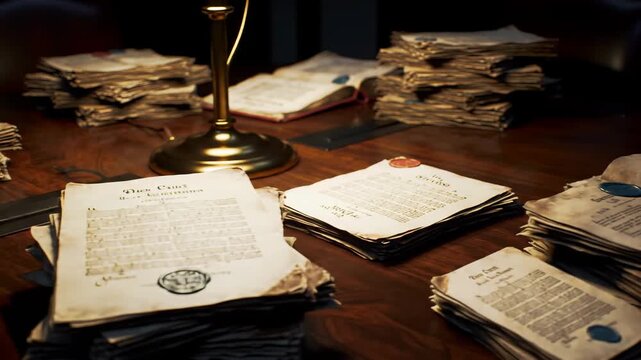 Antique desk with old documents, papers and lamp, manuscript concept, vintage.
