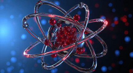 Detailed atom structure featuring transparent orbitals, red spheres, set against a dark backdrop with blue and red bokeh, representing scientific visualization.