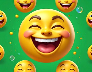 Bright yellow smiling faces with rosy cheeks on a vibrant green backdrop