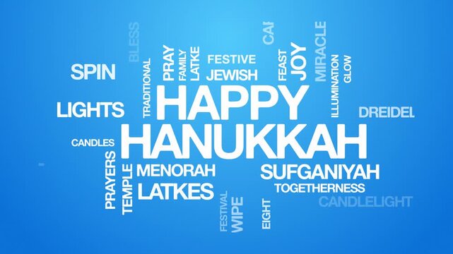 Happy Hanukkah concept Animated Tag Word Cloud kinetic typography, Text Design Animation typography seamless loop video motion graphics Intro Wordart festival of lights blue hanukkah background bg