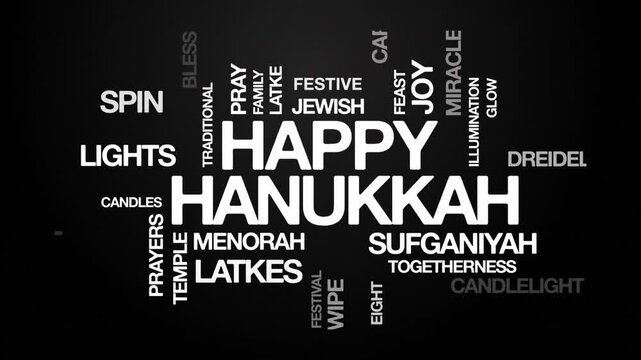 Happy Hanukkah concept Animated Tag Word Cloud kinetic typography, Text Design Animation typography seamless loop video motion graphics Intro Wordart festival of lights white type on black backdrop bg
