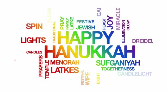 Happy Hanukkah concept Animated Tag Word Cloud kinetic typography, Text Design Animation typography seamless loop video motion graphics Intro Wordart festival of lights rainbow type on white backdrop 
