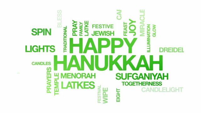 Happy Hanukkah concept Animated Tag Word Cloud kinetic typography, Text Design Animation typography seamless loop video motion graphics Intro Wordart festival of lights green type on white backdrop bg