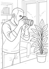 Coloring book Dad taking plant photo indoors
