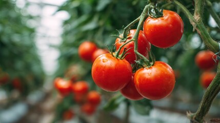 Tomato Harvest: A vibrant cluster of ripe tomatoes hangs gracefully on their vines, showcasing the natural beauty of fresh produce.