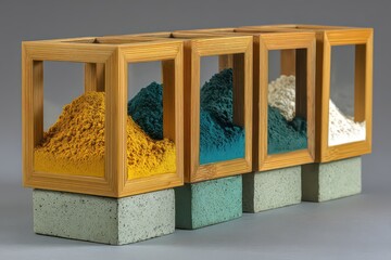 Abstract Art Installation Featuring Three Wooden Frames Filled with Colorful Sand on Concrete Blocks