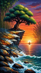 Sunset on the river side and a tree I Wall Decor 