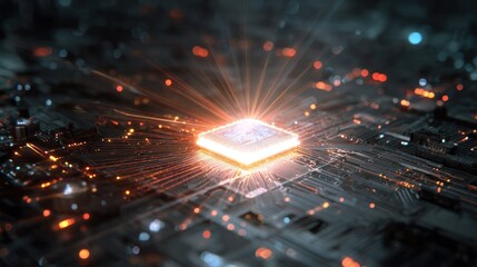 Digital Brain: The image captures the core of technological advancement, a detailed and mesmerizing view of a glowing computer chip. Rays of light emanate from the central processing unit (CPU).
