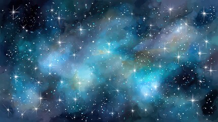 Watercolor Galaxy with Glowing Stars and Nebulae in Dark Blue and Turquoise Cosmic Background Digital Art Space Exploration Night Sky