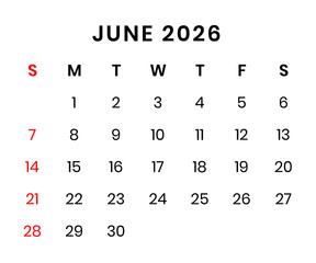 june 2026 Calendar png transparent background