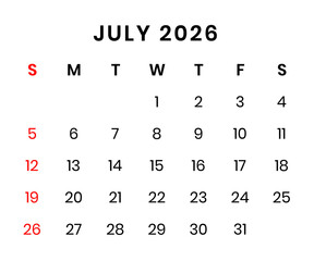 July 2026 Calendar png transparent background