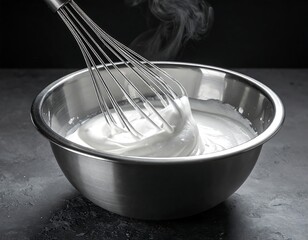 Close-up of whisk mixing smooth, fluffy white cream in a stainless steel bowl