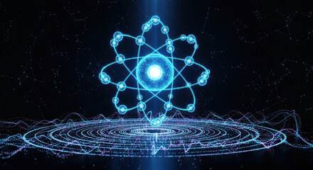 Illustration of a glowing blue atom model structure on circular platform with a dark background and particle effects, ideal for science and technology themes.