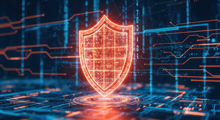 A glowing digital shield signifies cybersecurity, on an electronic circuit board in cyberpunk style, symbolizes network and data protection in digital world.