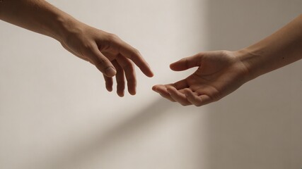 Conceptual image of two hands reaching toward each other without contact. Calm minimal composition expressing care, empathy, and emotional presence