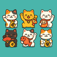 Obraz premium Maneki-neko Lucky Cats Set Waving Paws, Japanese Fortune Charm Cartoon Vector