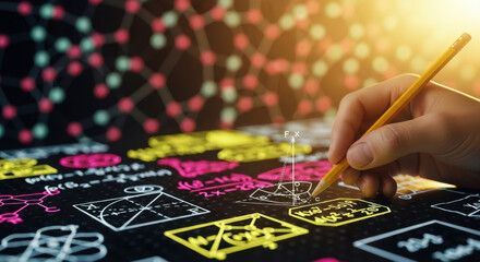 Close up of a hand drawing scientific formulas with a pencil on dark surface with abstract pattern and illuminated by warm light.