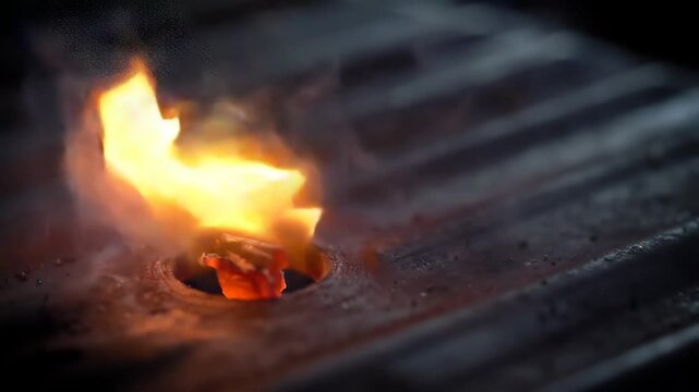 Flame burning on dirty metal surface, fire with bright light and dark background.