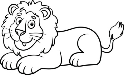 Cartoon lion lying down with big mane and smiling face in outlined style for coloring and kids’ animal projects