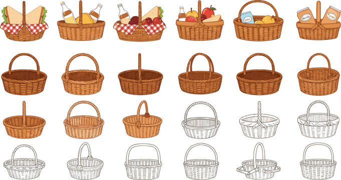 Wicker picnic basket set with various designs including empty baskets and baskets filled with sandwiches fruit wine and snacks isolated on white background flat vector illustration