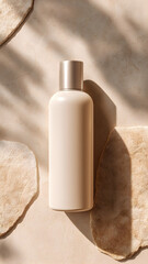 
Minimalist skincare bottle mock-up on beige stone background, soft shadows, clean and elegant, top-down view, natural lighting

