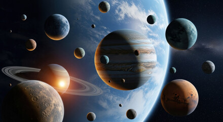 A digital illustration featuring pixelated planets in space against a blue Earth backdrop, perfect for backgrounds and digital art projects.