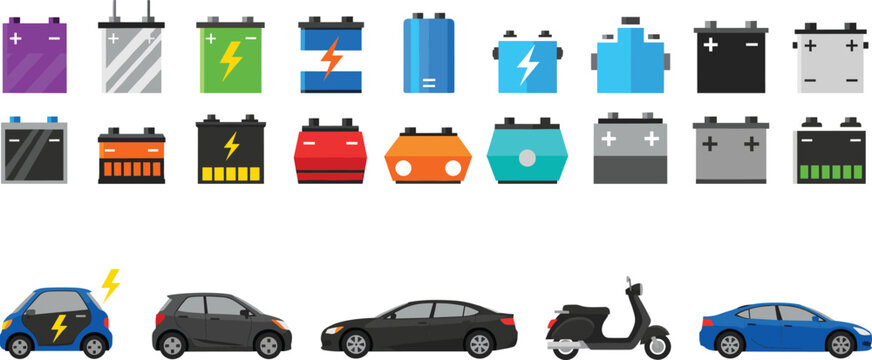 Set of car battery icons and electric vehicle illustrations featuring various 12V automotive batteries chargers and electric cars isolated on white background flat vector illustration